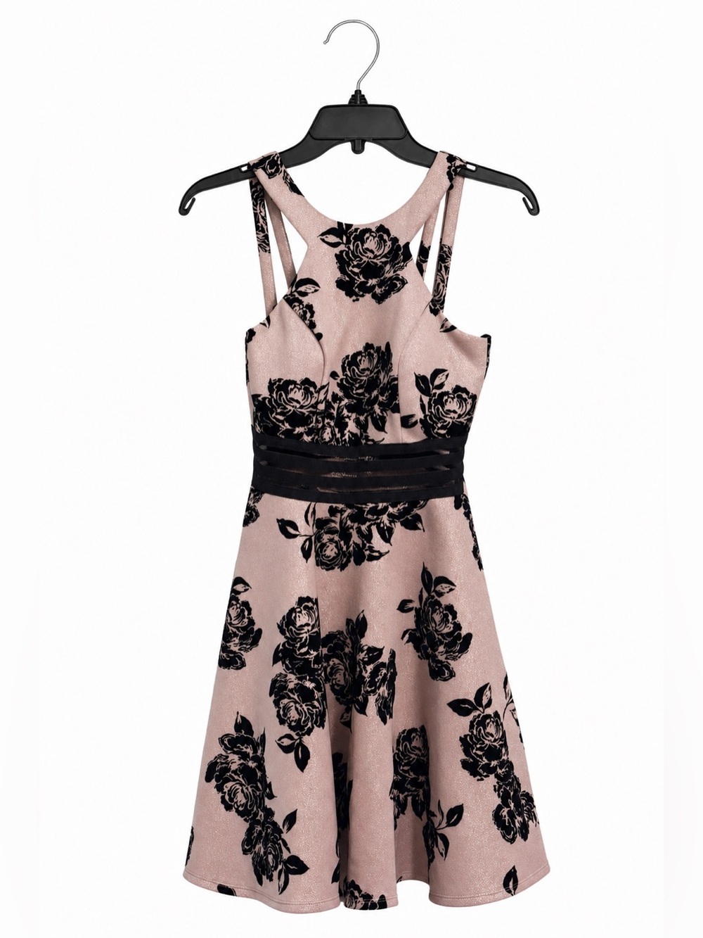 City Studios Illusion Waist Scuba Flare Dress Size 1 Blush Pink & Black Sparkly